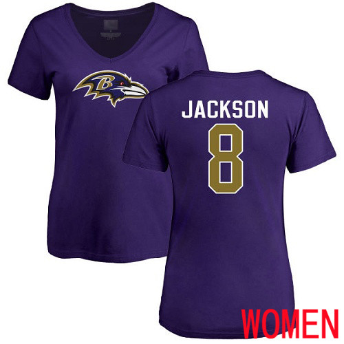 Baltimore Ravens Purple Women Lamar Jackson Name and Number Logo NFL Football #8 T Shirt->baltimore ravens->NFL Jersey